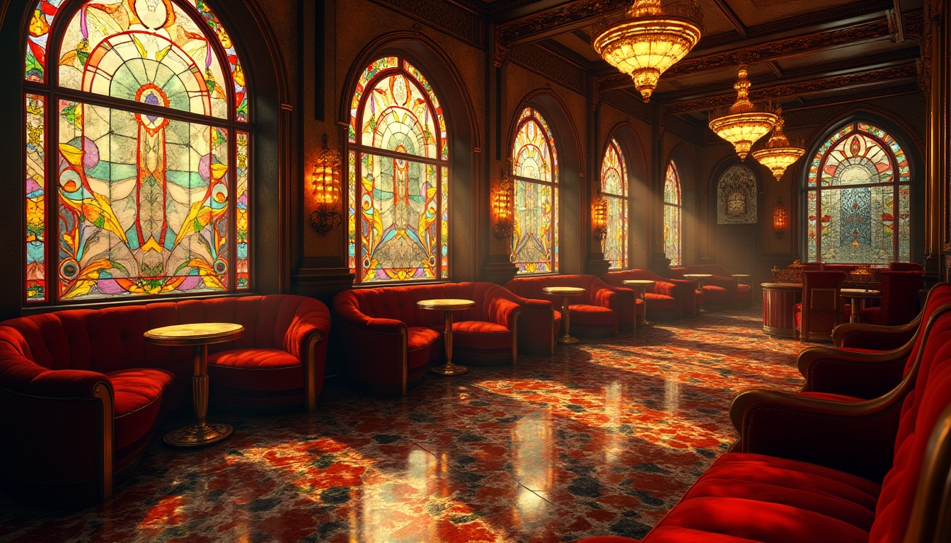 Prompt: Vibrant Art Deco interior, stained glass windows, geometric patterns, colorful glass fragments, ornate metal frames, luxurious atmosphere, opulent furnishings, velvety textiles, lavish decorations, sparkling chandeliers, warm golden lighting, soft focus, 1/1 composition, intimate mood, richly detailed textures, subtle reflections.