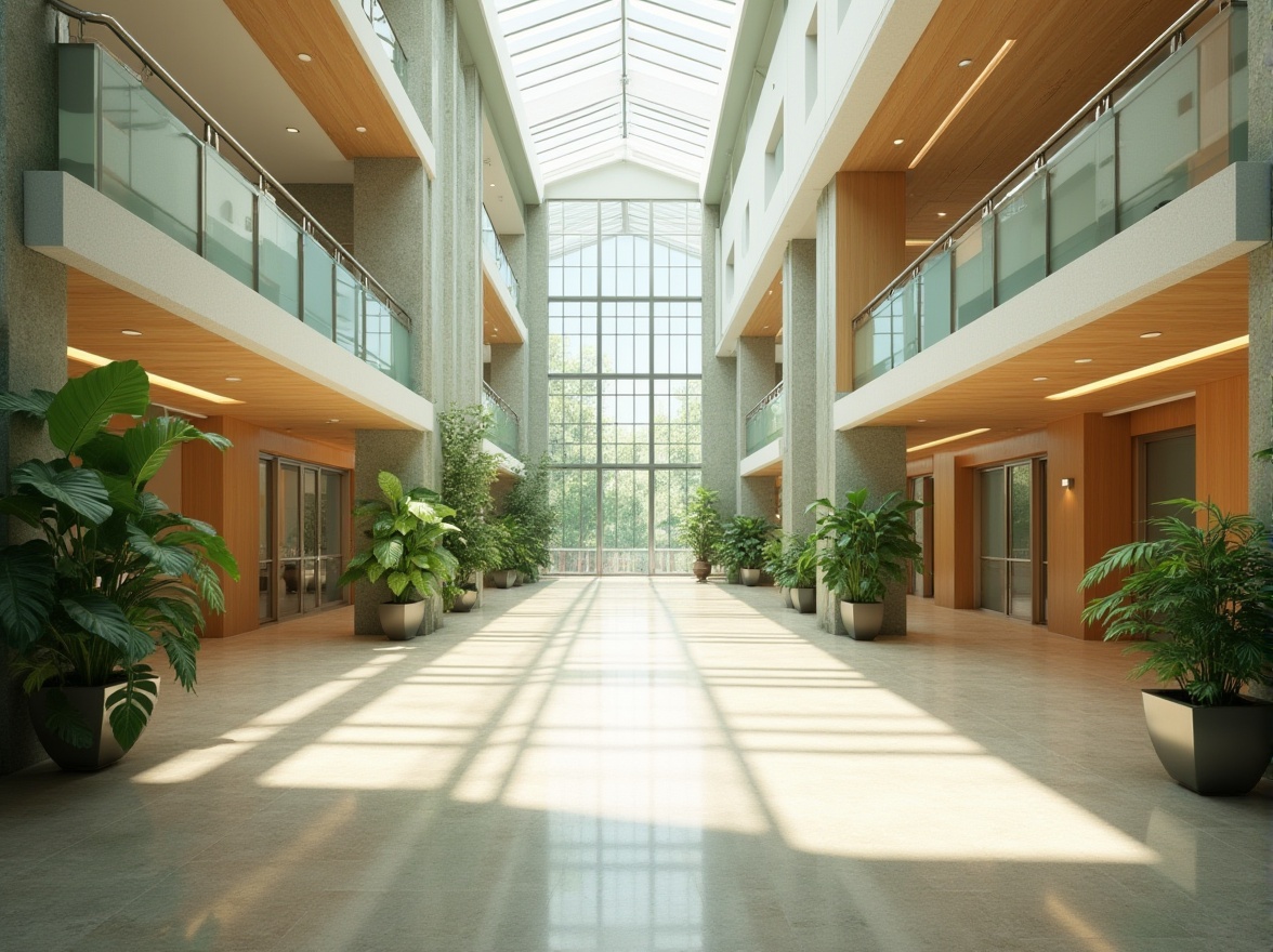 Prompt: Spacious hospital lobby, high ceilings, clerestory windows, natural stone flooring, green walls, abundant plants, warm wood accents, large skylights, diffused soft lighting, minimal shading devices, open floor plan, curved lines, organic shapes, calming color palette, serene ambiance, morning sunlight, gentle shadows, 1/1 composition, realistic textures, ambient occlusion.Please let me know if this meets your requirements or if you need any further adjustments!