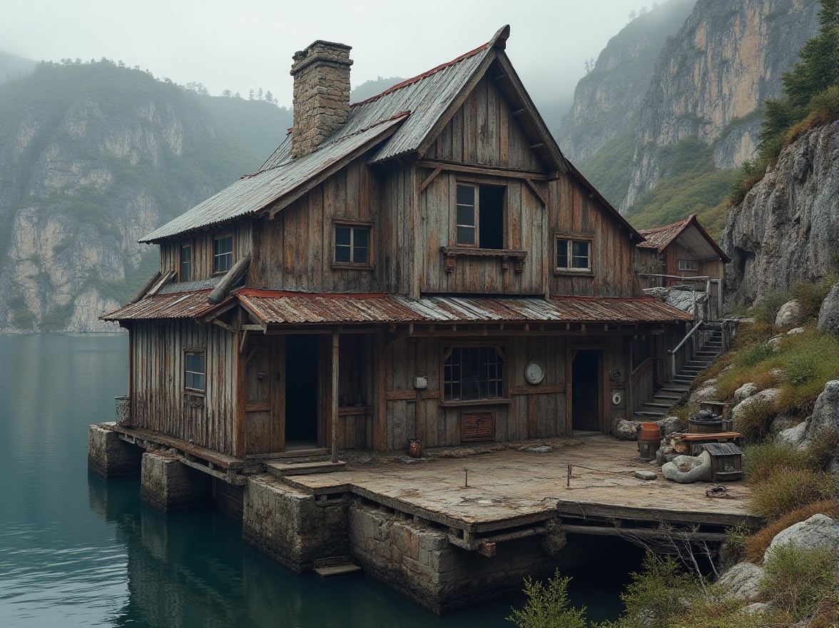 Prompt: Rustic boathouse, brutalist architecture, rugged stone walls, weathered wooden docks, corrugated metal roofs, raw concrete foundations, distressed wood accents, industrial steel beams, nautical ropes, porthole windows, maritime navigation instruments, natural linen textiles, earthy color palette, overcast sky, misty atmosphere, shallow depth of field, 1/2 composition, gritty realistic textures, ambient occlusion.