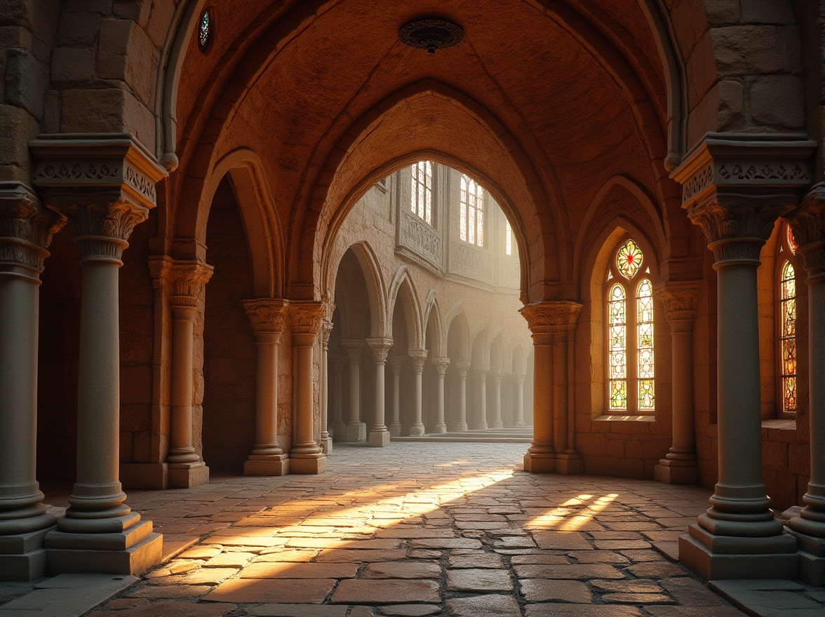 Prompt: Rustic stone walls, ornate carvings, grand archways, ribbed vaults, stained glass windows, intricate mosaics, ornamental columns, capitals, and pilasters, richly textured brickwork, earthy tone color palette, warm golden lighting, dramatic chiaroscuro, shallow depth of field, 2/3 composition, symmetrical framing, realistic stone textures, ambient occlusion.