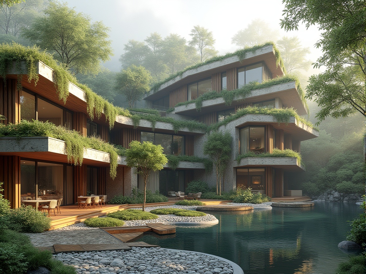 Prompt: Harmonious building facade, natural stone cladding, lush green roofs, vertical gardens, cantilevered overhangs, seamless indoor-outdoor transitions, large glass windows, sliding doors, outdoor seating areas, wooden decking, pebble pathways, surrounding foliage, serene water features, misty morning atmosphere, soft diffused lighting, shallow depth of field, 2/3 composition, realistic textures, ambient occlusion.