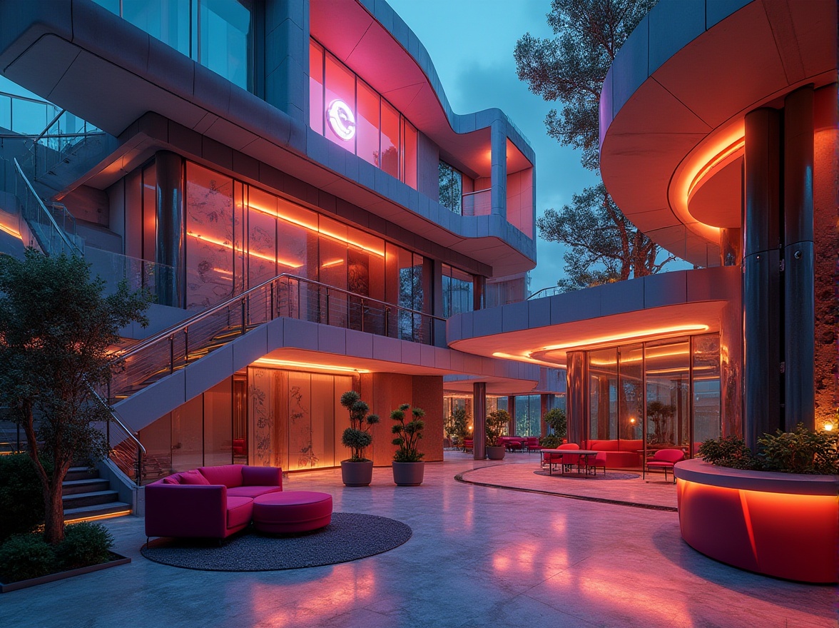 Prompt: Vibrant postmodern building, bold color blocking, contrasting hues, neon lights, futuristic architecture, sleek metal accents, reflective glass surfaces, geometric patterns, abstract murals, eclectic furniture, avant-garde decor, dynamic lighting, moody shadows, high-contrast photography, 2.5D composition, cinematic mood, atmospheric fog, warm color grading.