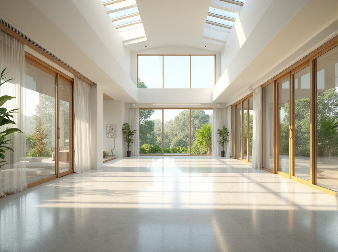 Prompt: Spacious open-plan interior, high ceilings, floor-to-ceiling windows, sliding glass doors, clerestory windows, skylights, natural stone floors, minimal obstructions, reflective surfaces, bright white walls, sheer curtains, greenery views, urban landscape, morning sunlight, warm soft lighting, low-contrast shading, 1/1 composition, real-time rendering, ambient occlusion, physically based rendering.