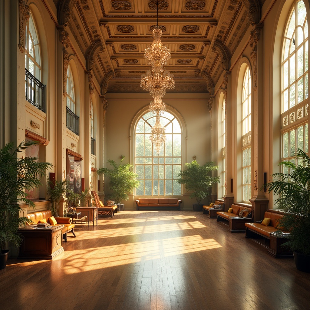 Prompt: Grand gymnasium hall, high ceilings, ornate chandeliers, large windows, soft warm natural lighting, diffused sunlight, warm beige walls, dark wood flooring, romantic Victorian-era inspired architectural details, intricate moldings, ornate metalwork, lush greenery, potted plants, flowing drapery, cozy reading nooks, comfortable leather armchairs, rustic wooden benches, soft pastel colors, elegant crystal chandeliers, 1/2 composition, warm atmospheric lighting, shallow depth of field, realistic textures.