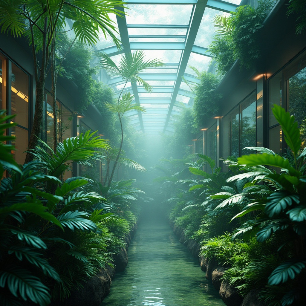 Prompt: Lush tropical plants, misty atmosphere, iridescent glass panels, sleek metal framework, vibrant green hues, electric blue accents, neon lime highlights, soft warm lighting, shallow depth of field, 3/4 composition, panoramic view, realistic textures, ambient occlusion, futuristic architecture, sustainable energy solutions, solar panels, water conservation systems, eco-friendly materials, innovative cooling technologies, shaded outdoor spaces, misting systems, organic-inspired patterns, natural wood accents.