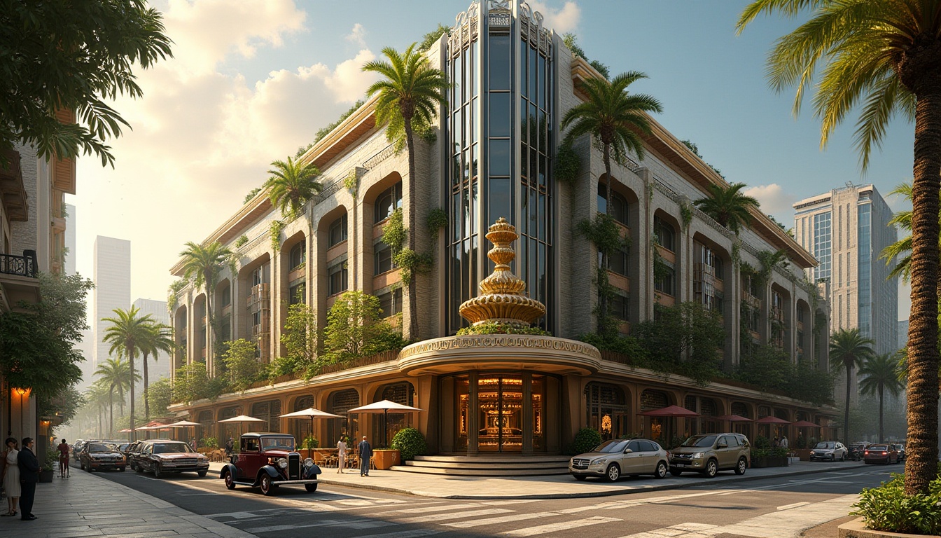 Prompt: Geometric Art Deco building, symmetrical fa\u00e7ade, ornate metalwork, lush greenery, vibrant flowers, tiered fountain, sculptural decorations, grand entrance, polished marble floors, intricate patterns, luxurious textiles, warm golden lighting, shallow depth of field, 3/4 composition, panoramic view, realistic textures, ambient occlusion, urban cityscape, busy streets, vintage cars, pedestrians in 1920s attire.