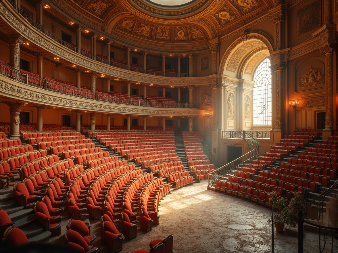 Prompt: Tiered seating, grand amphitheater, Romanesque arches, ornate stone carvings, vibrant frescoes, majestic columns, warm golden lighting, soft velvet upholstery, curved wooden benches, decorative metal railings, lush greenery, blooming flowers, serene atmosphere, shallow depth of field, 3/4 composition, panoramic view, realistic textures, ambient occlusion.