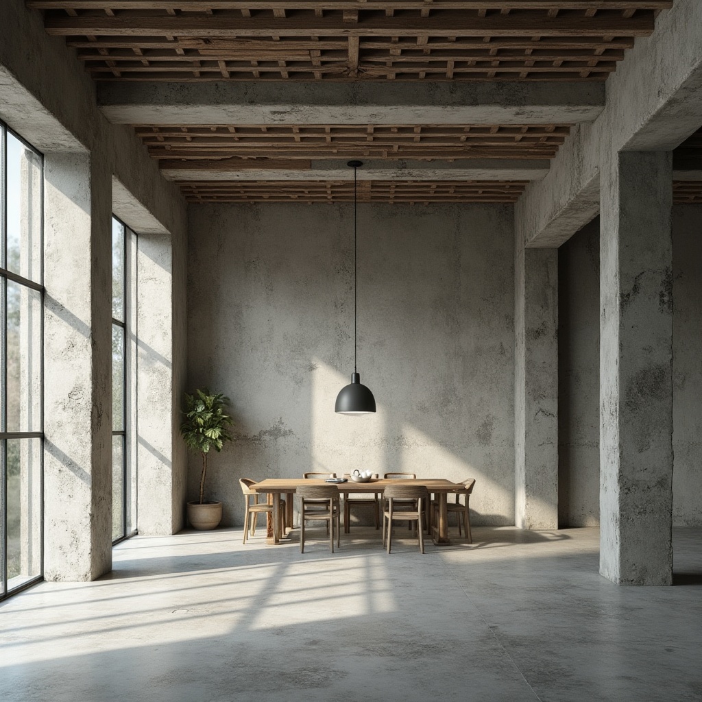 Prompt: Exposed concrete walls, rugged textures, industrial metal beams, raw wooden accents, minimalist ornamentation, functional simplicity, brutalist architectural style, urban loft atmosphere, high ceilings, large windows, natural light, airy openness, distressed finishes, monochromatic color scheme, bold geometric shapes, clean lines, minimalist decor, modern urban lifestyle.