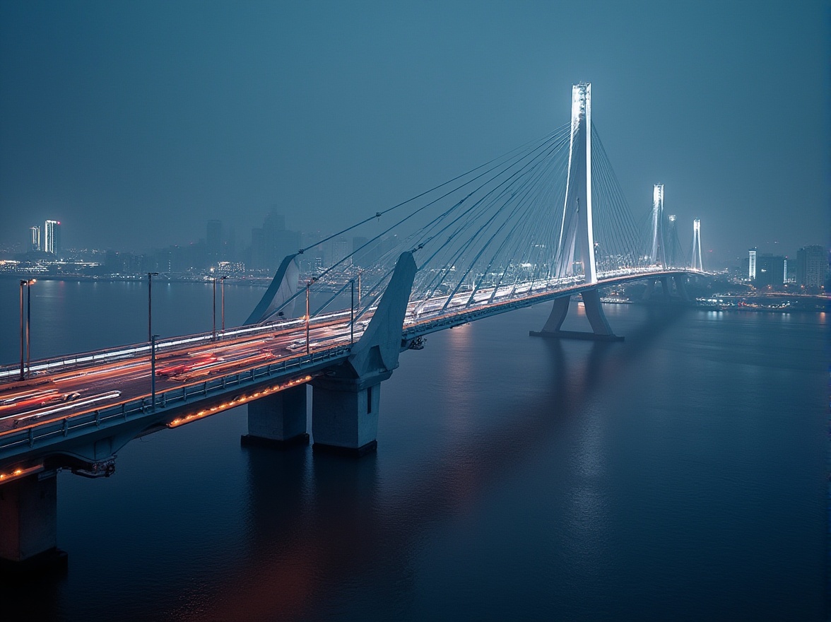 Prompt: Futuristic bridge design, high-tech steel structures, sleek cable-stayed systems, modern suspension components, geometric concrete piers, angular support beams, LED lighting installations, neon-lit nightscapes, urban cityscape backgrounds, busy traffic flows, dramatic fog effects, shallow depth of field, 1/2 composition, realistic metallic textures, ambient occlusion.