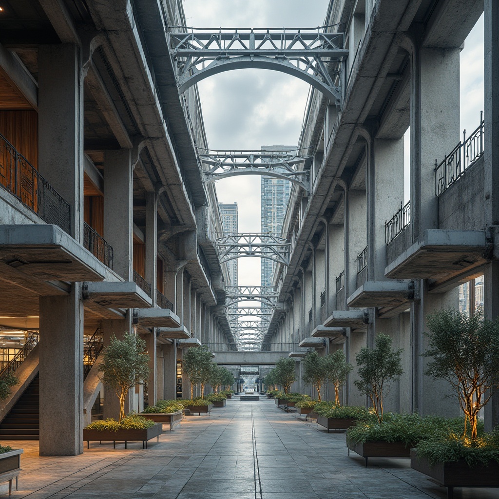 Prompt: Intricate steel beams, exposed concrete columns, minimalist ductwork, industrial-chic aesthetic, reclaimed wood accents, polished metal surfaces, geometric latticework, cantilevered roofs, angular lines, modern urban landscape, bustling city streets, cloudy skies, soft natural light, shallow depth of field, 3/4 composition, panoramic view, realistic textures, ambient occlusion.