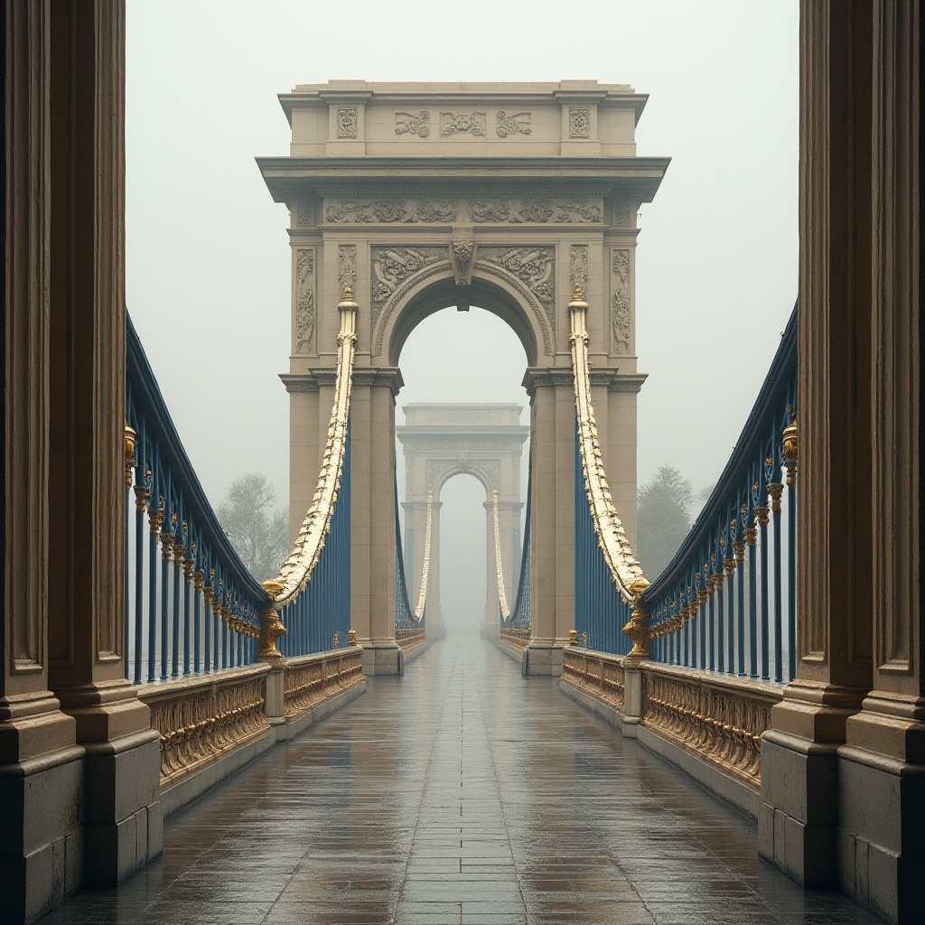 Prompt: Majestic bridge, neoclassical arches, ornate stone carvings, rusticated pillars, soft beige limestone, warm golden brown granite, muted earthy tones, rich navy blue accents, elegant cream-colored balustrades, intricate metalwork details, subtle weathered textures, misty atmospheric lighting, shallow depth of field, 1/1 composition, symmetrical framing, realistic reflections, ambient occlusion.