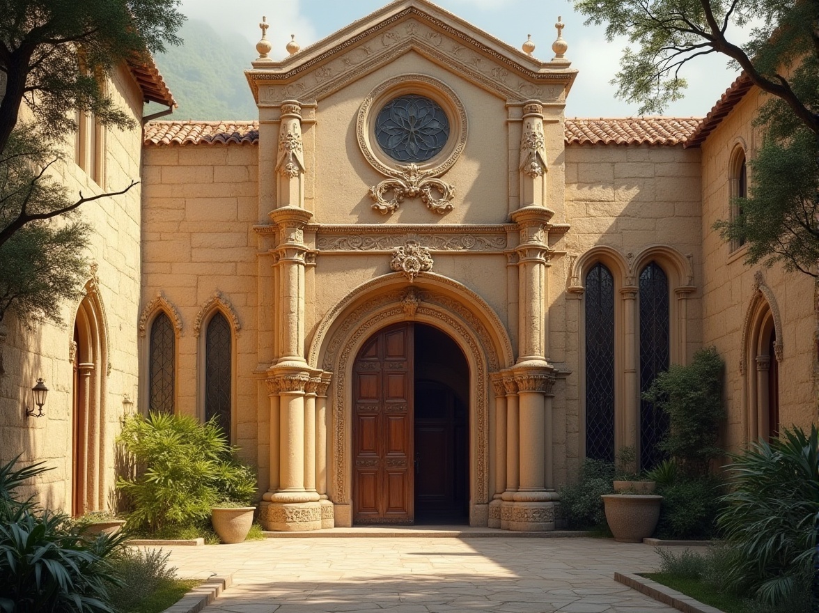 Prompt: Rustic monastery facade, warm beige stone walls, ornate Gothic arches, stained glass windows, intricate carvings, grand entrance gates, symmetrical composition, soft natural lighting, warm afternoon sun, subtle texture details, realistic weathering effects, 1/2 composition, close-up shot, dramatic chiaroscuro, ornate ironwork, rich wooden doors, solemn atmosphere, peaceful courtyard, lush greenery.