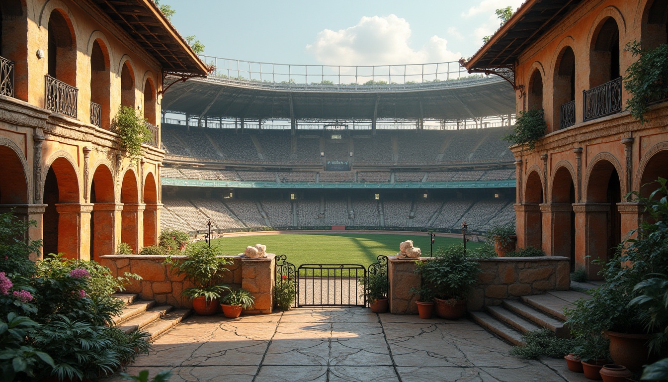 Prompt: Rustic sports stadium, Romanesque arches, ornate carvings, earthy tone stone walls, greenery-filled courtyards, grand entrance gates, intricate stonework patterns, weathered copper roofing, aged brick facades, ornamental balconies, decorative ironwork, vibrant sports equipment, lively crowd scenes, warm afternoon lighting, soft focus effect, 1/2 composition, atmospheric perspective, realistic textures, ambient occlusion.