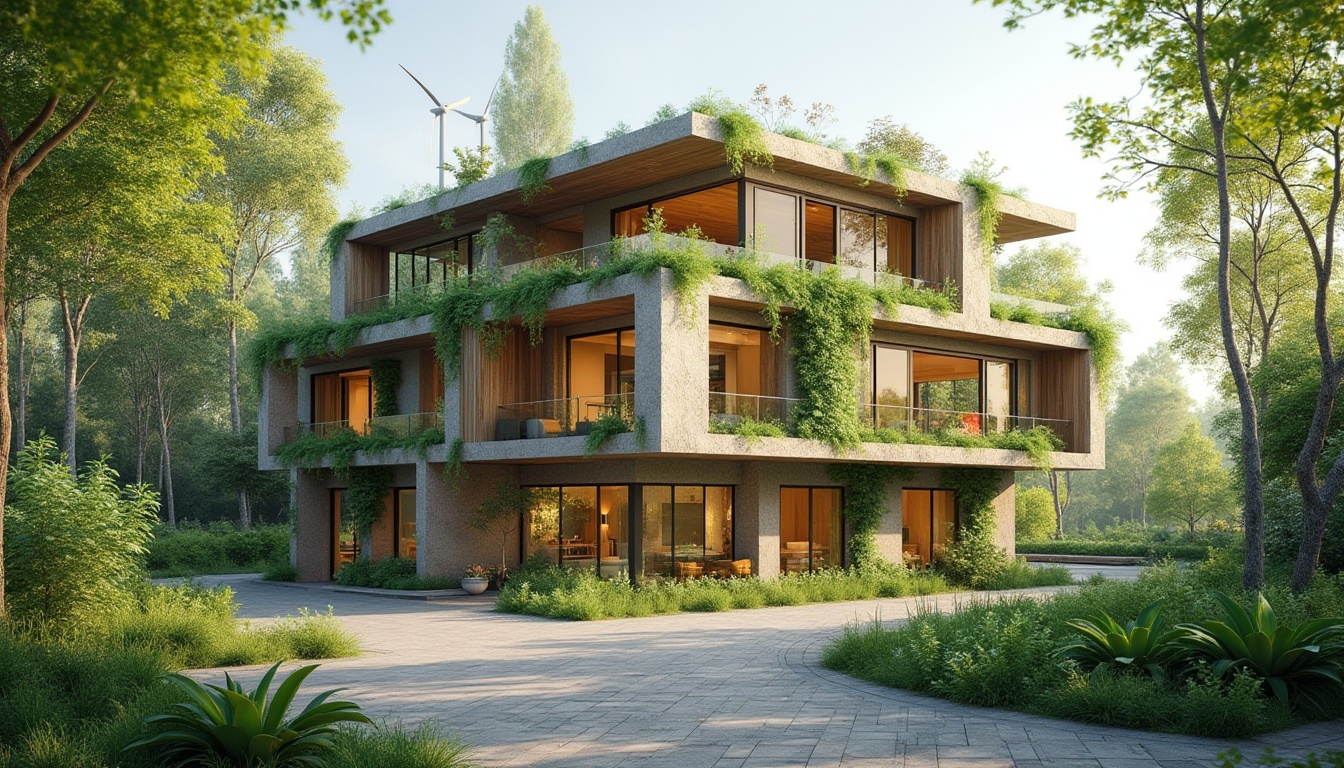 Prompt: Eco-friendly buildings, living walls, green roofs, solar panels, wind turbines, rainwater harvesting systems, organic gardens, natural stone fa\u00e7ades, reclaimed wood accents, energy-efficient glazing, sustainable materials, minimalist interior design, airy open spaces, abundant natural light, soft warm illumination, shallow depth of field, 3/4 composition, panoramic view, realistic textures, ambient occlusion.