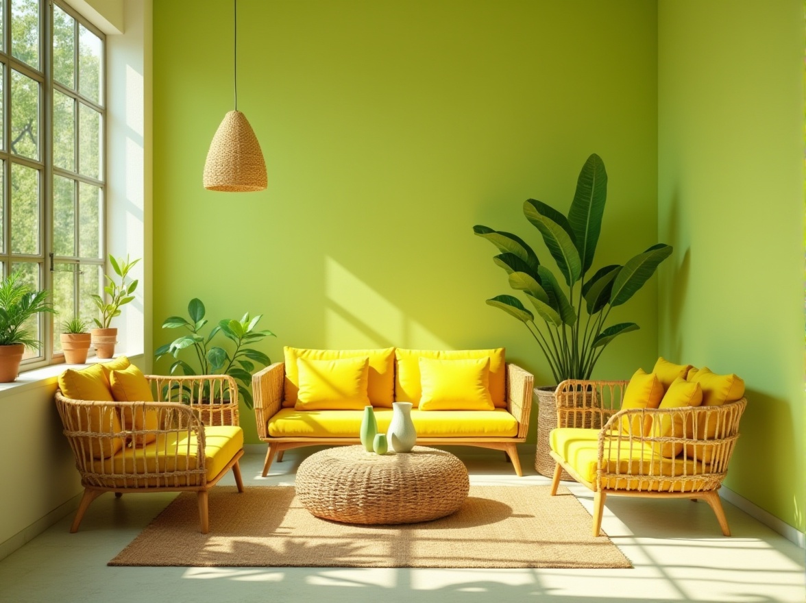 Prompt: Vibrant lime accents, pastel green walls, bold yellow furniture, citrus-inspired decor, natural textures, woven baskets, rattan chairs, tropical plants, bright sunny day, warm soft lighting, shallow depth of field, 1/1 composition, symmetrical balance, high contrast colors, energetic atmosphere, playful patterns, geometric shapes, modern minimalist style.