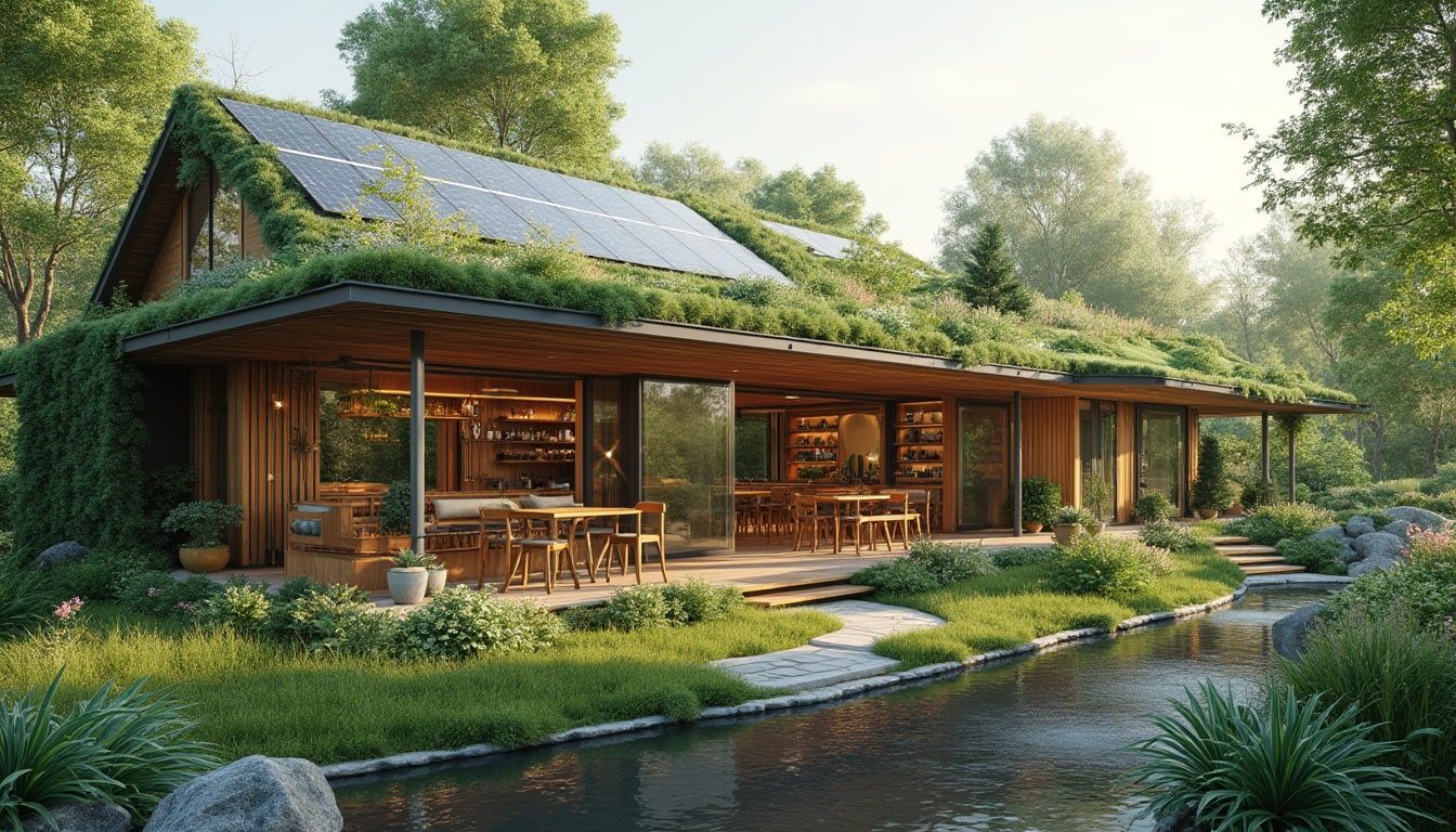 Prompt: Eco-friendly building, lush green roofs, solar panels, wind turbines, rainwater harvesting systems, natural ventilation, energy-efficient appliances, recycled materials, sustainable wood furniture, organic gardens, serene water features, peaceful outdoor spaces, warm natural lighting, shallow depth of field, 3/4 composition, panoramic view, realistic textures, ambient occlusion.