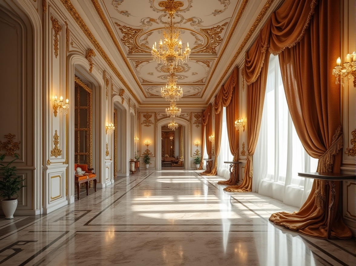 Prompt: Intricate ornate moldings, luxurious gold leaf accents, polished marble flooring, grand chandeliers, ornamental metalwork, delicate filigree patterns, lavish furnishings, velvet drapes, crystal sconces, refined wood paneling, sophisticated color palette, soft warm lighting, shallow depth of field, 3/4 composition, panoramic view, realistic textures, ambient occlusion.