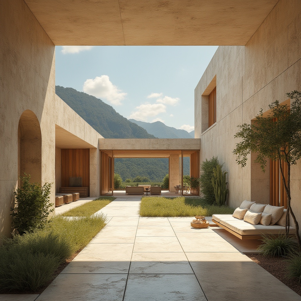 Prompt: Earthy tones, warm beige walls, rustic stone floors, natural wood accents, soft sage greenery, calming blue skies, modern minimalist architecture, clean lines, rectangular forms, large windows, sliding glass doors, warm sunny day, gentle ambient lighting, shallow depth of field, 3/4 composition, panoramic view, realistic textures, subtle color gradients.Please let me know if this meets your requirements!