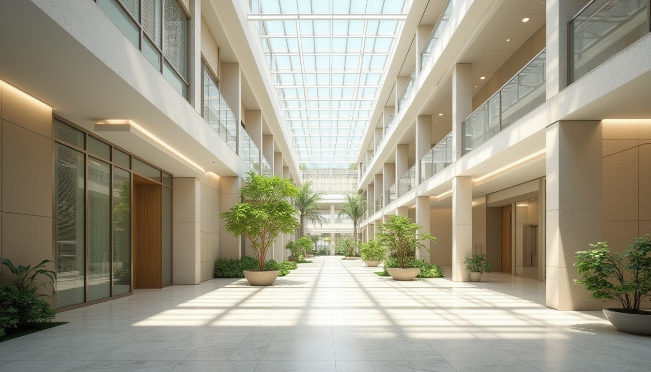 Prompt: Spacious hospital corridors, large windows, transparent glass roofs, clerestory lighting, open floor plans, minimal obstructions, reflective surfaces, polished floors, light-colored walls, warm beige tones, natural stone accents, greenery-filled courtyards, outdoor gardens, soft diffused light, high ceilings, airy atmosphere, modern minimalist design, sustainable building materials, energy-efficient systems, calming ambiance, serene patient rooms, comfortable waiting areas, gentle shading devices, horizontal louvers, overhangs, awnings.