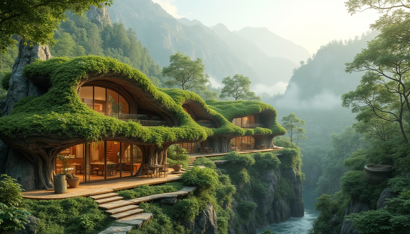 Prompt: Harmonious eco-friendly buildings, lush green roofs, verdant walls, organic curves, natural stone fa\u00e7ades, wooden accents, transparent glass surfaces, seamless indoor-outdoor transitions, serene forest surroundings, misty mountains, soft warm lighting, shallow depth of field, 3/4 composition, panoramic view, realistic textures, ambient occlusion.