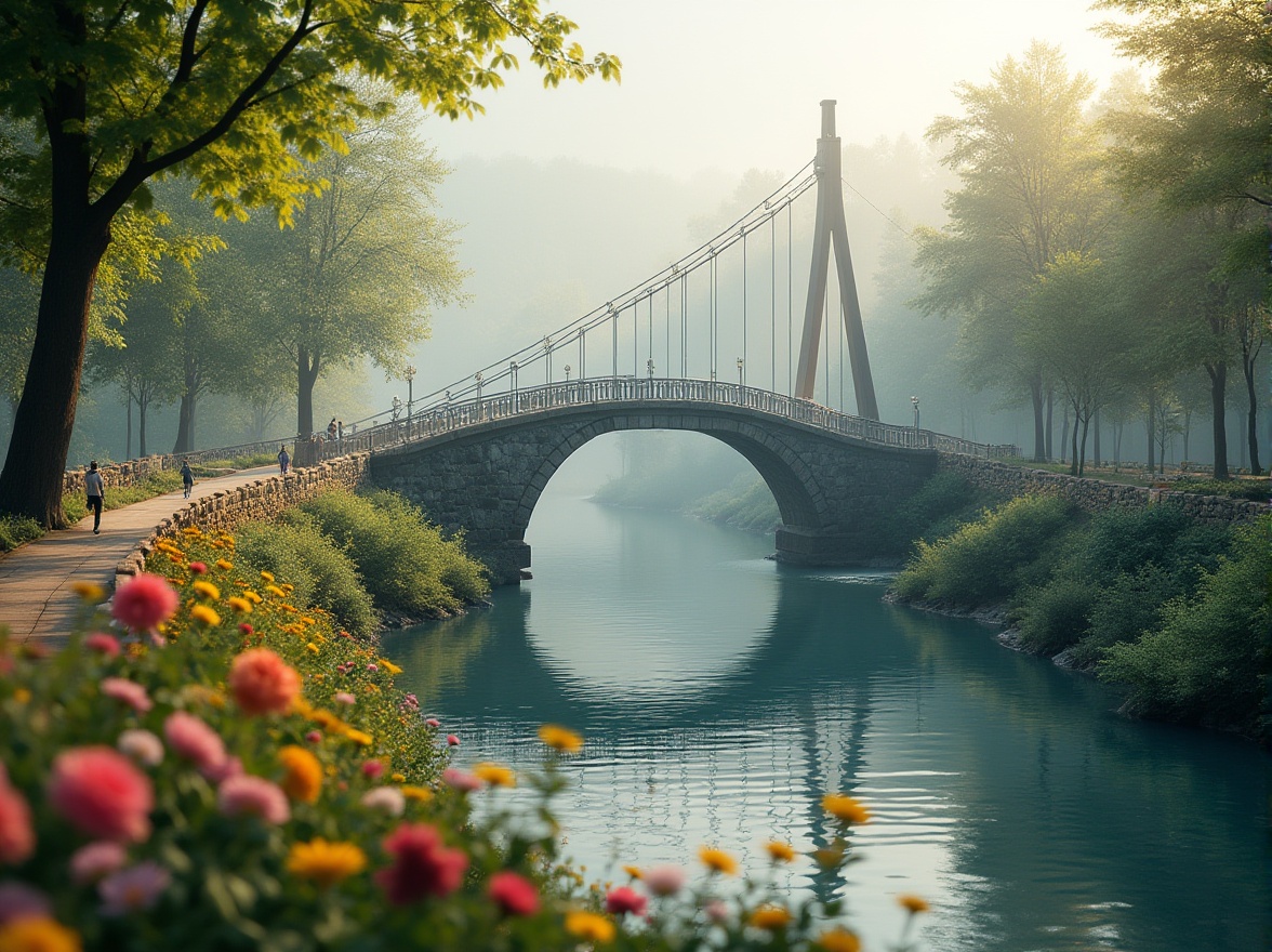 Prompt: Scenic bridge, winding watercourse, lush green banks, natural stone piers, steel arches, suspension cables, wooden decking, vibrant flowers, pedestrian walkways, cyclist lanes, serene river views, misty morning light, soft warm colors, shallow depth of field, 2/3 composition, realistic textures, ambient occlusion.