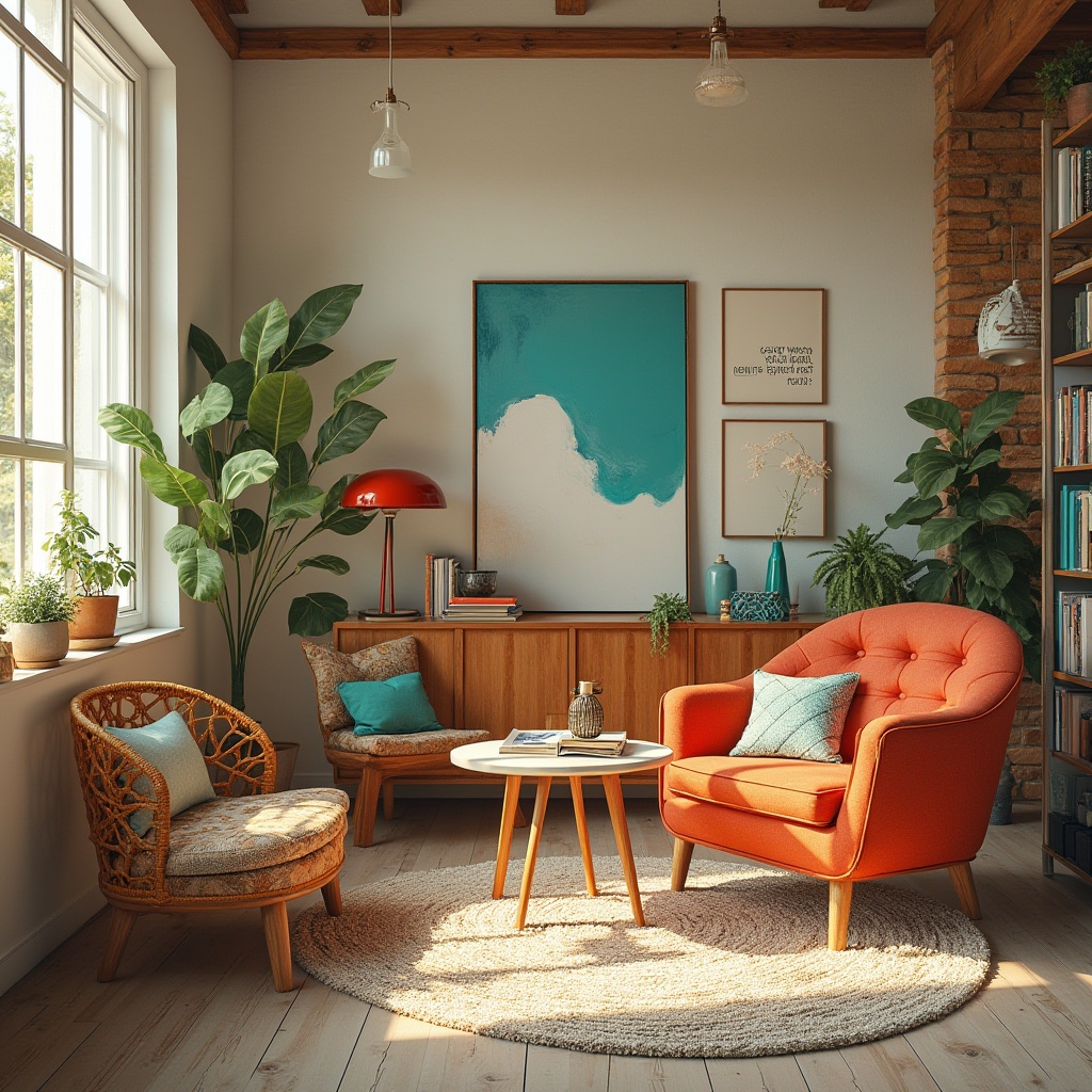 Prompt: Vibrant artistic studio, eclectic furniture, abstract artwork, rich wood accents, creamy white walls, bold turquoise hues, warm golden lighting, plush area rugs, cozy reading nooks, inspirational quotes, minimalist decor, natural textiles, earthy scent, soft instrumental music, 1/1 composition, intimate atmosphere, realistic shadows, ambient occlusion.