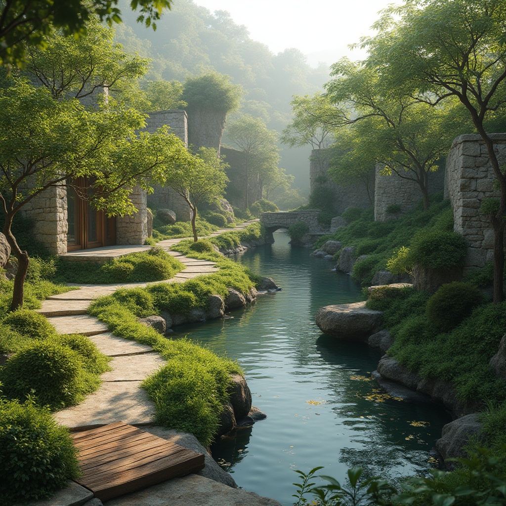 Prompt: Seamless landscape integration, natural stone walls, lush greenery, mature trees, winding water features, serene ponds, wooden docks, rustic bridges, meandering pathways, organic shapes, earthy tones, blending architecture, eco-friendly materials, sustainable design, minimal visual impact, harmonious coexistence, soft warm lighting, shallow depth of field, 3/4 composition, panoramic view, realistic textures, ambient occlusion.