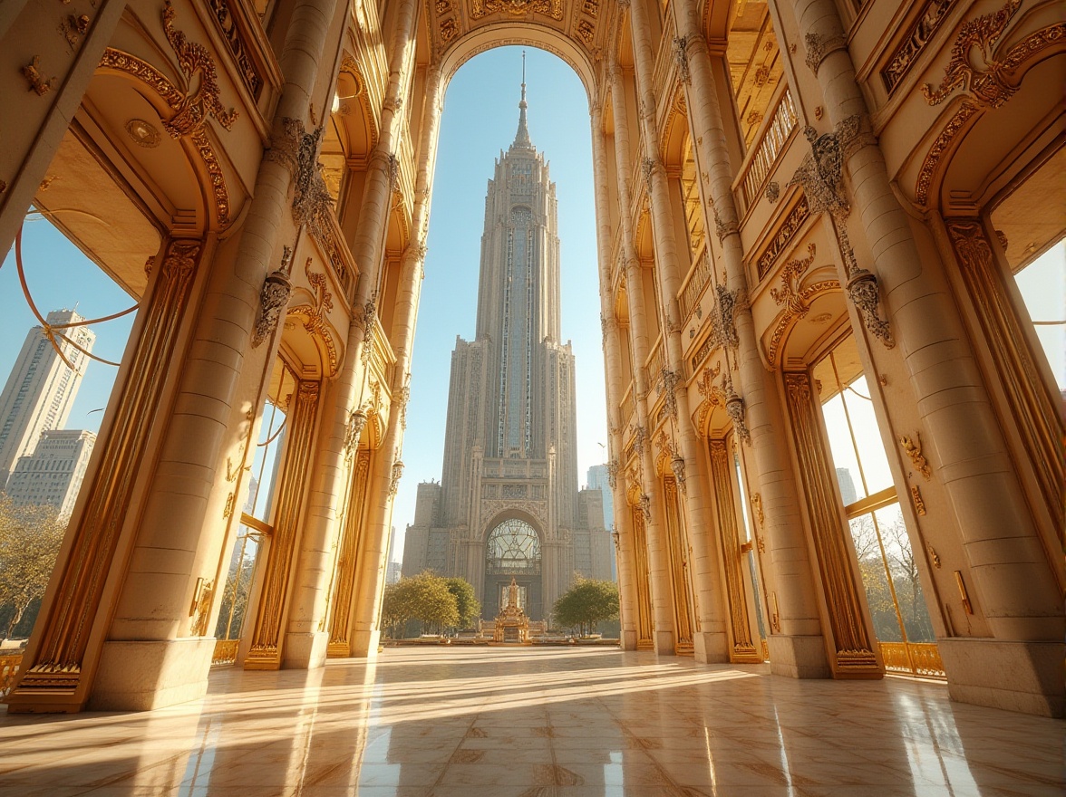 Prompt: Luxurious golden skyscraper, ornate architectural details, intricate metalwork, grand entranceways, lavish lobbies, opulent chandeliers, marble flooring, sleek elevator systems, high-rise cityscape, bustling metropolitan area, clear blue sky, warm sunny day, soft golden lighting, shallow depth of field, 3/4 composition, realistic textures, ambient occlusion.