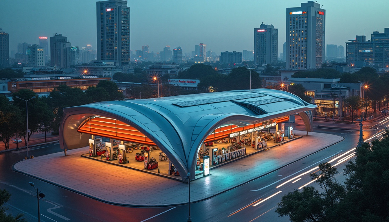 Prompt: Futuristic gas station, curved metal facade, neon light accents, modern angular architecture, sleek glass canopies, dynamic LED displays, solar panels, green roofs, sustainable energy solutions, eco-friendly materials, innovative ventilation systems, shaded outdoor spaces, misting systems, geometric patterns, vibrant colorful signage, urban cityscape, busy street intersection, evening rush hour, warm artificial lighting, shallow depth of field, 1/1 composition, realistic textures, ambient occlusion.