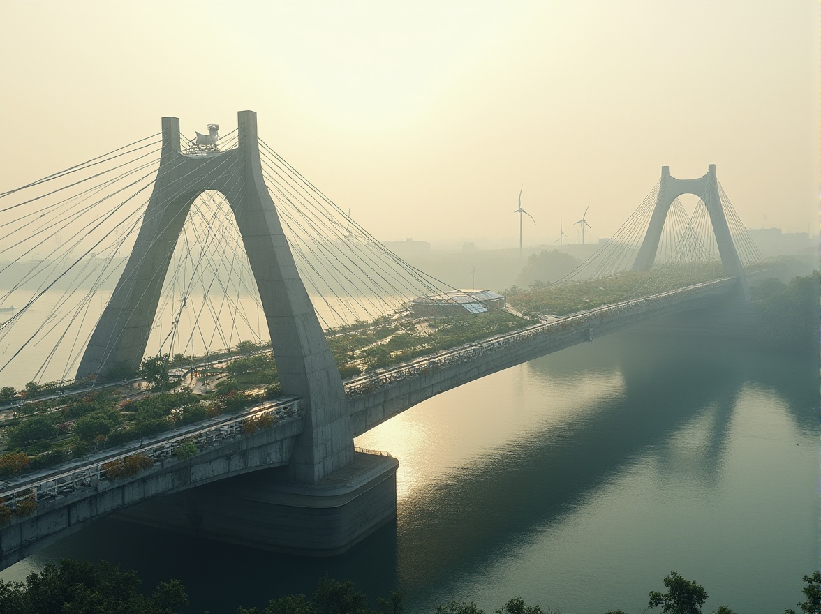 Prompt: Eco-friendly bridge, curved steel arches, cable-stayed suspension, green roofs, solar panels, wind turbines, water conservation systems, recycled concrete materials, minimalist design, angular lines, modern architecture, urban landscape, riverbank setting, misty morning atmosphere, soft warm lighting, shallow depth of field, 3/4 composition, panoramic view, realistic textures, ambient occlusion.