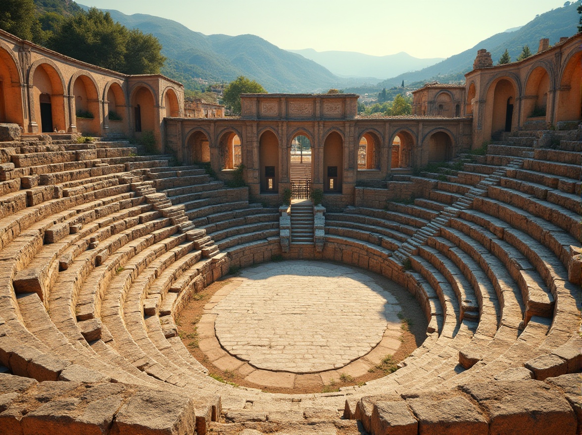 Prompt: Ancient Roman amphitheater, stone seating, ornate arches, vaulted ceilings, grandiose scale, natural acoustic resonance, excellent sound clarity, warm earthy tones, rustic texture, Mediterranean landscape, sunny day, soft warm lighting, 3/4 composition, panoramic view, realistic textures, ambient occlusion.