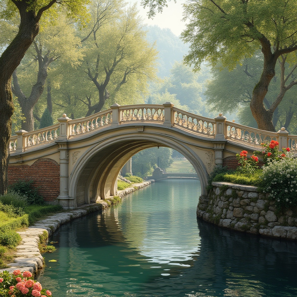 Prompt: Elegant bridge, ornate details, cream-colored stone, soft gray arches, subtle golden accents, rustic brick piers, moss-covered stonework, gentle water reflections, serene natural surroundings, lush greenery, vibrant blooming flowers, warm sunny day, soft diffused lighting, atmospheric perspective, 1/2 composition, realistic textures, ambient occlusion.