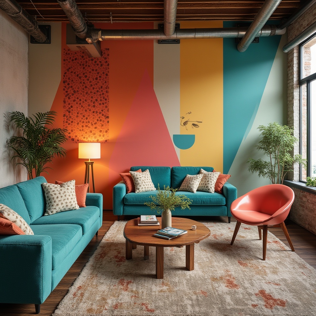 Prompt: Vibrant accent walls, bold geometric patterns, eclectic furniture pieces, bright coral hues, deep turquoise tones, rich wood textures, metallic gold accents, playful polka dots, whimsical abstract art, natural linen fabrics, industrial chic decor, urban loft atmosphere, dramatic floor lamps, warm ambient lighting, 3/4 composition, shallow depth of field, realistic reflections.