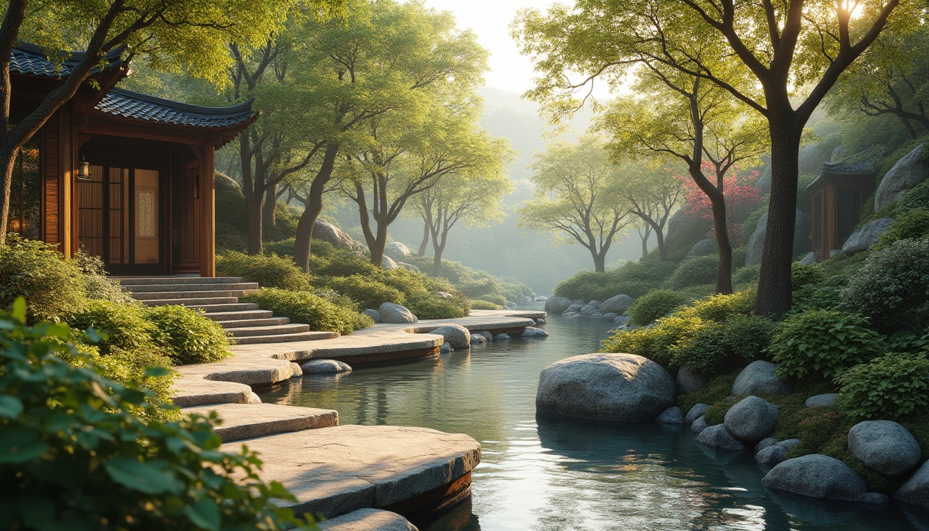 Prompt: Seamless landscape integration, organic curves, native plants, natural stone walls, wooden accents, earthy tones, serene water features, gentle slopes, meandering pathways, rustling leaves, soft breeze, warm sunlight, shallow depth of field, 1/2 composition, atmospheric perspective, realistic textures, ambient occlusion, harmonious coexistence with nature.