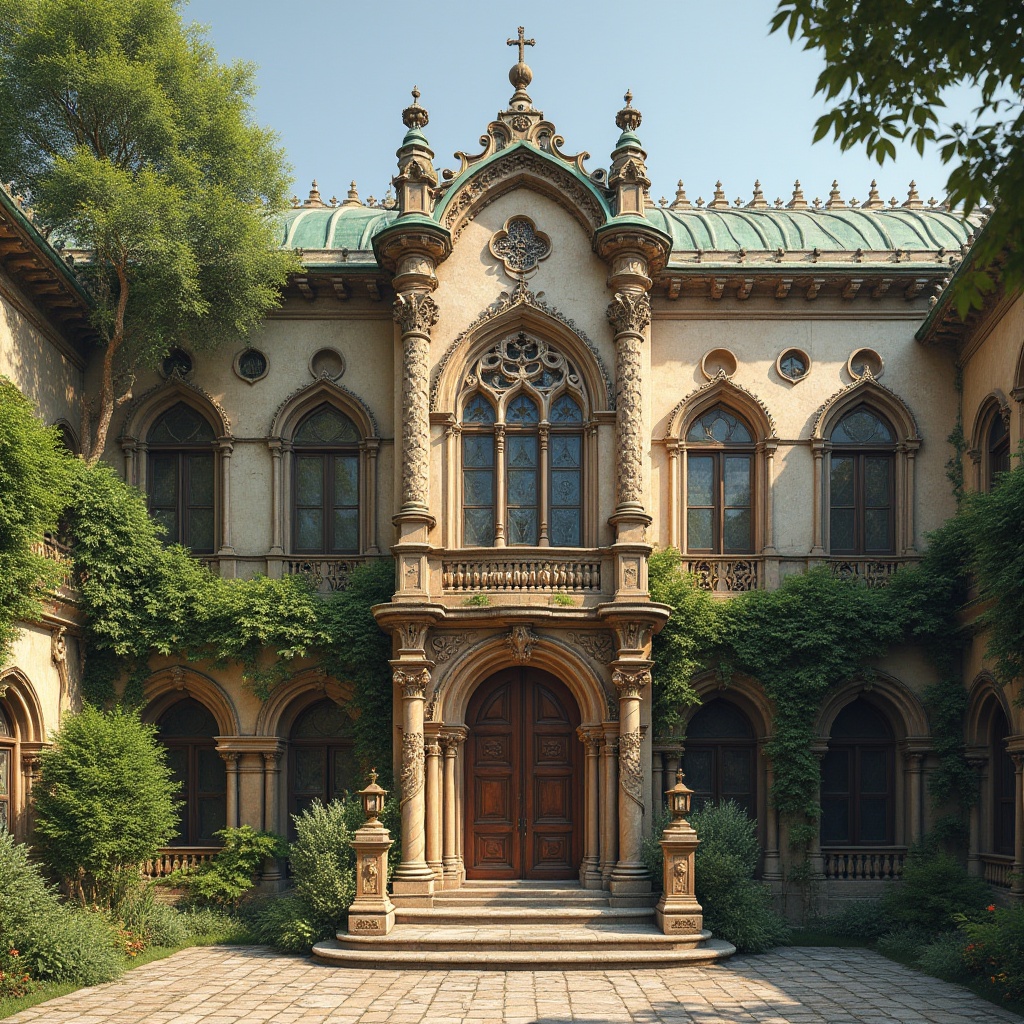 Prompt: Ornate monastery facade, rustic stone walls, arched windows, ornamental columns, intricate carvings, gilded details, stained glass windows, grand entrance doors, weathered copper roofing, lush ivy vines, serene courtyard, soft natural lighting, 1/1 composition, shallow depth of field, warm color palette, realistic textures, ambient occlusion.