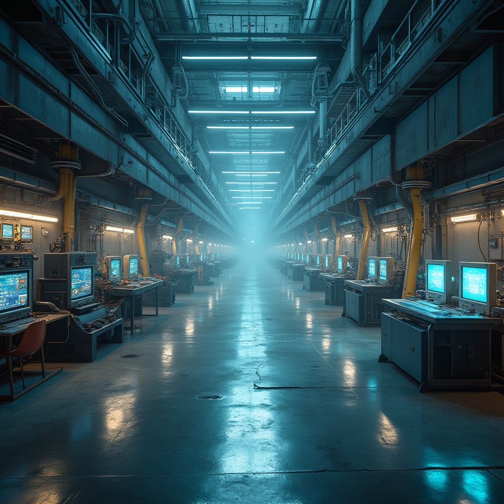 Prompt: Industrial factory interior, futuristic machinery, metallic catwalks, neon-lit corridors, exposed ductwork, concrete floors, steel beams, minimalist decor, ambient Occlusion, softbox lighting, shallow depth of field, 3/4 composition, panoramic view, realistic textures, robotic arms, assembly lines, control panels, LED screens, futuristic computers, augmented reality interfaces, cyberpunk ambiance, dystopian atmosphere, misty fog effects, atmospheric soundscapes.