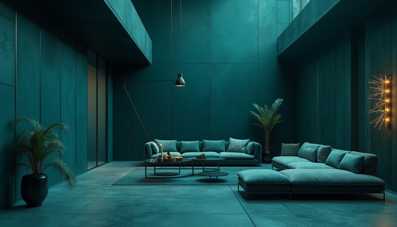 Prompt: Moody dark cyan walls, sleek modern architecture, minimalist decor, metallic accents, glass surfaces, subtle ambient lighting, soft misty atmosphere, mysterious shadows, bold geometric patterns, luxurious velvet textiles, industrial-chic concrete floors, edgy avant-garde furniture, futuristic ambiance, cinematic color grading, high-contrast ratio, 2.35