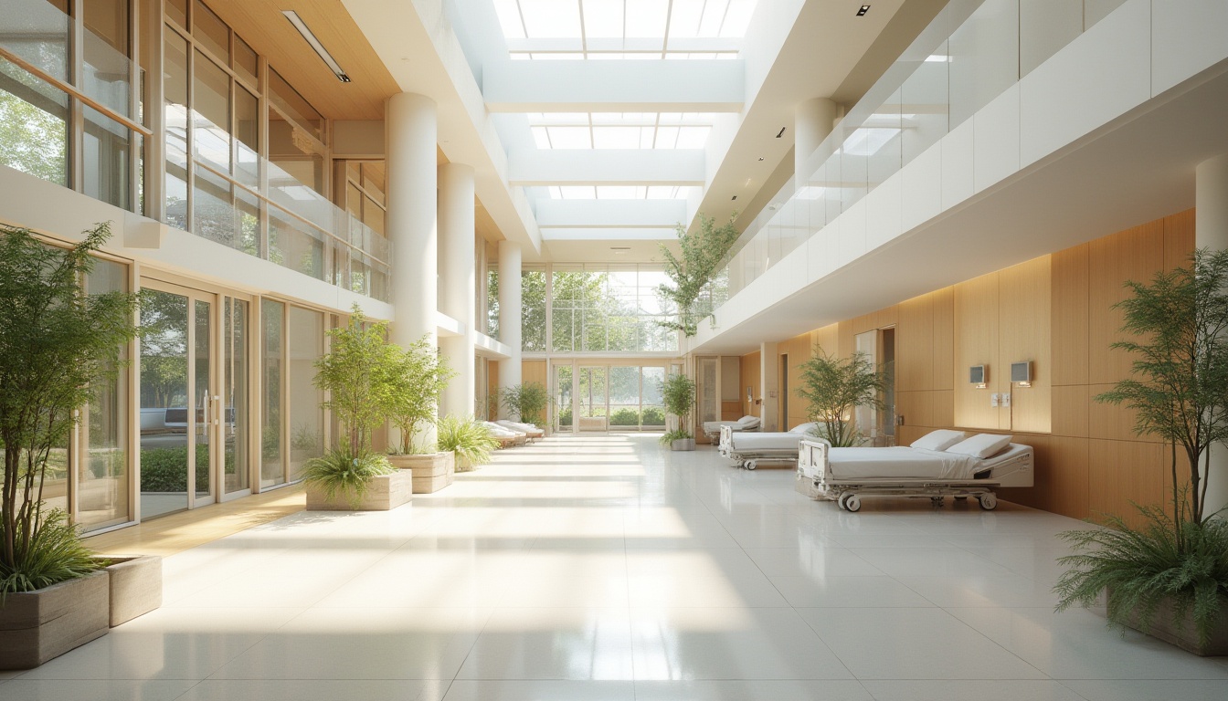 Prompt: Spacious hospital interior, abundant natural light, floor-to-ceiling windows, transparent glass walls, minimal obstructions, optimized room layout, clerestory windows, skylights, solar tubes, reflective surfaces, polished floors, pastel color scheme, calming atmosphere, gentle shadows, soft diffused light, warm beige tones, wooden accents, organic textures, lush greenery, serene outdoor views, peaceful courtyards, natural stone pathways, minimalist decor, 1/1 composition, shallow depth of field, realistic renderings.