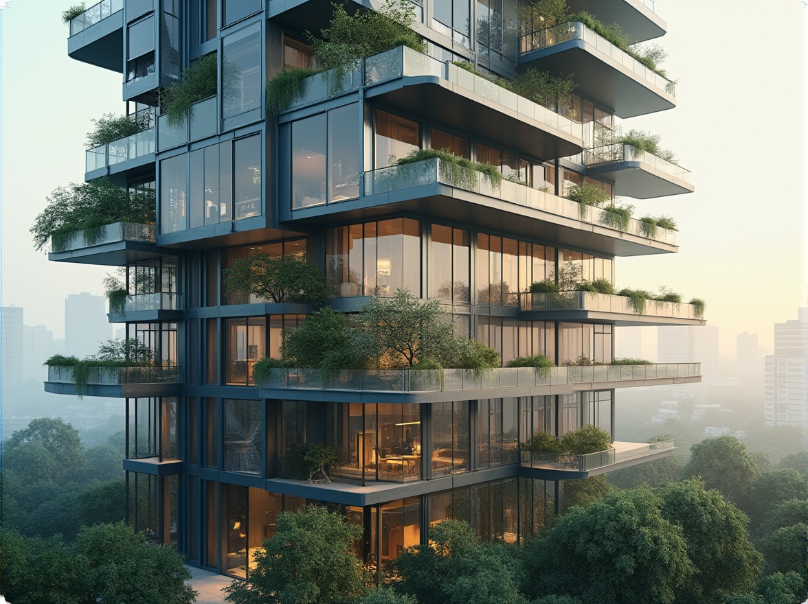 Prompt: Contemporary building facade, sleek glass surfaces, minimalist metal frames, cantilevered balconies, verdant green walls, energy-efficient systems, double-glazed windows, solar panels, LED lighting, futuristic design elements, urban cityscape, morning mist, soft warm light, shallow depth of field, 1/1 composition, realistic textures, ambient occlusion.