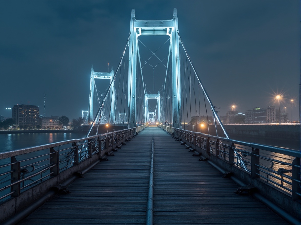 Prompt: Sleek modern bridge, metallic silver beams, gleaming steel cables, warm LED lighting, dark grey concrete piers, misty blue water reflections, urban cityscape, contemporary architecture, geometric shapes, minimalist design, functional simplicity, weathered wooden decking, rust-resistant railings, safety fencing, nighttime illumination, soft gradient colors, 3/4 composition, low-angle shot, realistic textures, ambient occlusion.