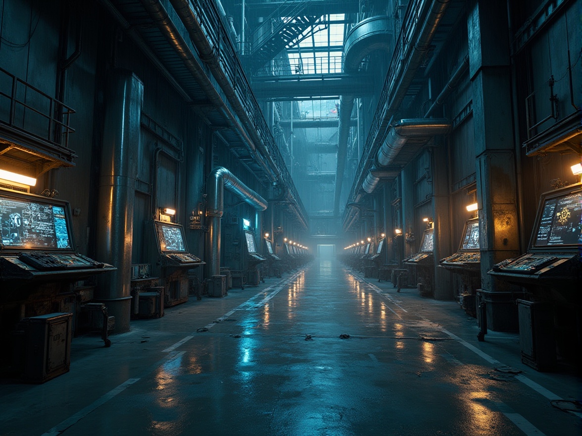 Prompt: Futuristic factory interior, exposed ductwork, industrial pipes, metallic catwalks, neon-lit corridors, giant machinery, robotic arms, futuristic control panels, holographic displays, steel beams, polished concrete floors, urban cityscape outside, rainy night, moody atmospheric lighting, shallow depth of field, 1/2 composition, cinematic view, realistic metal textures, ambient occlusion.