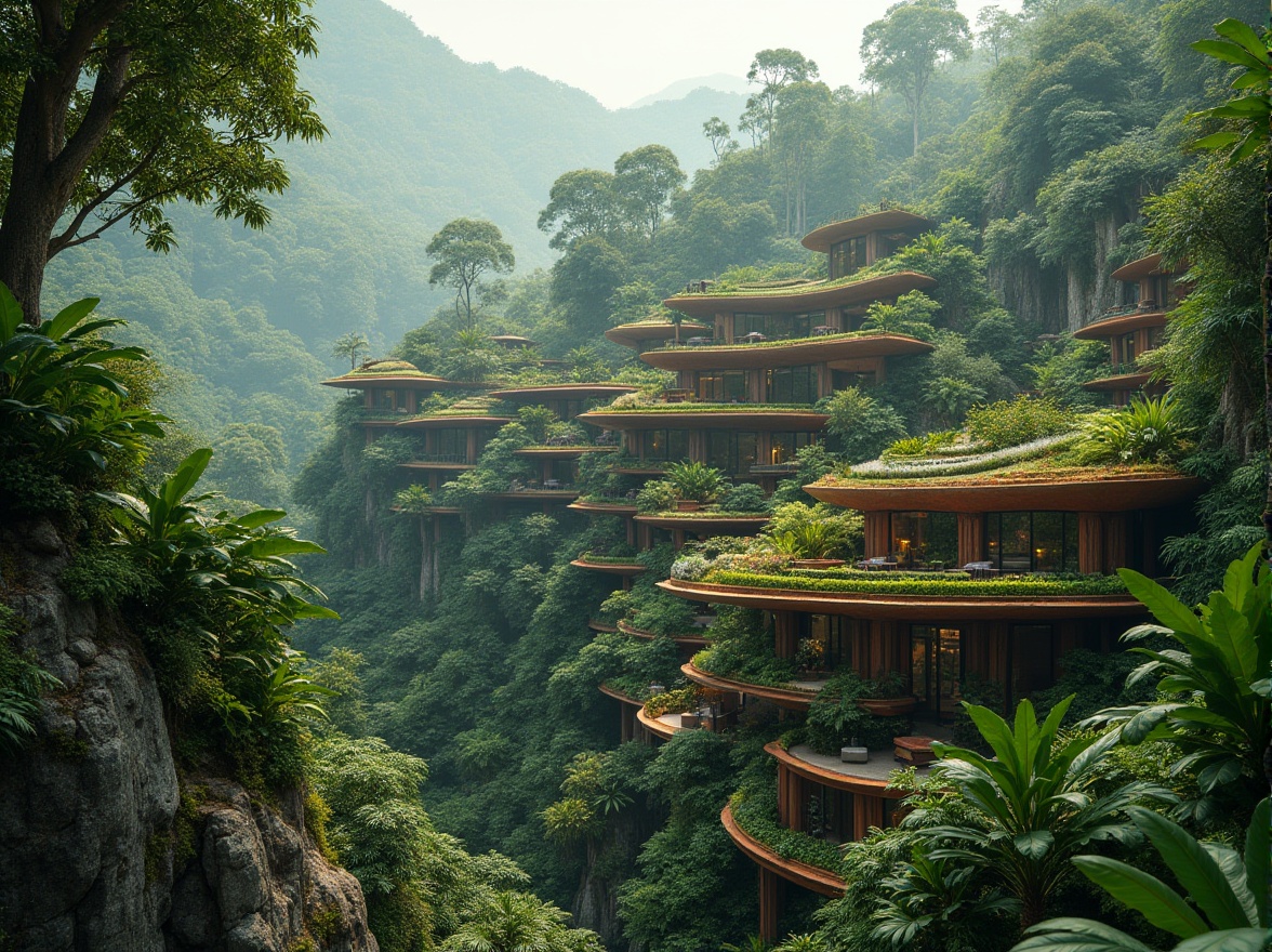 Prompt: Tropical rainforest surroundings, dense foliage, exotic plants, natural rock formations, earthy terrain, sustainable eco-friendly buildings, curved lines, organic shapes, large windows, clerestory roofs, solar tubes, green walls, living roofs, wind catchers, ventilation towers, operable windows, shading devices, overhangs, natural materials, earthy colors, soft diffused lighting, 1/1 composition, atmospheric perspective, realistic textures.