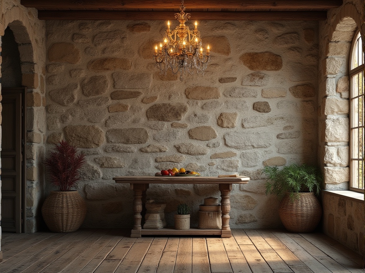 Prompt: Rustic stone walls, distressed wooden planks, earthy tones, natural textures, organic patterns, vintage decorative elements, ornate metal fixtures, warm ambient lighting, soft focus, atmospheric perspective, 1/2 composition, detailed close-ups, high-contrast ratio, dramatic shadows, realistic wear and tear.