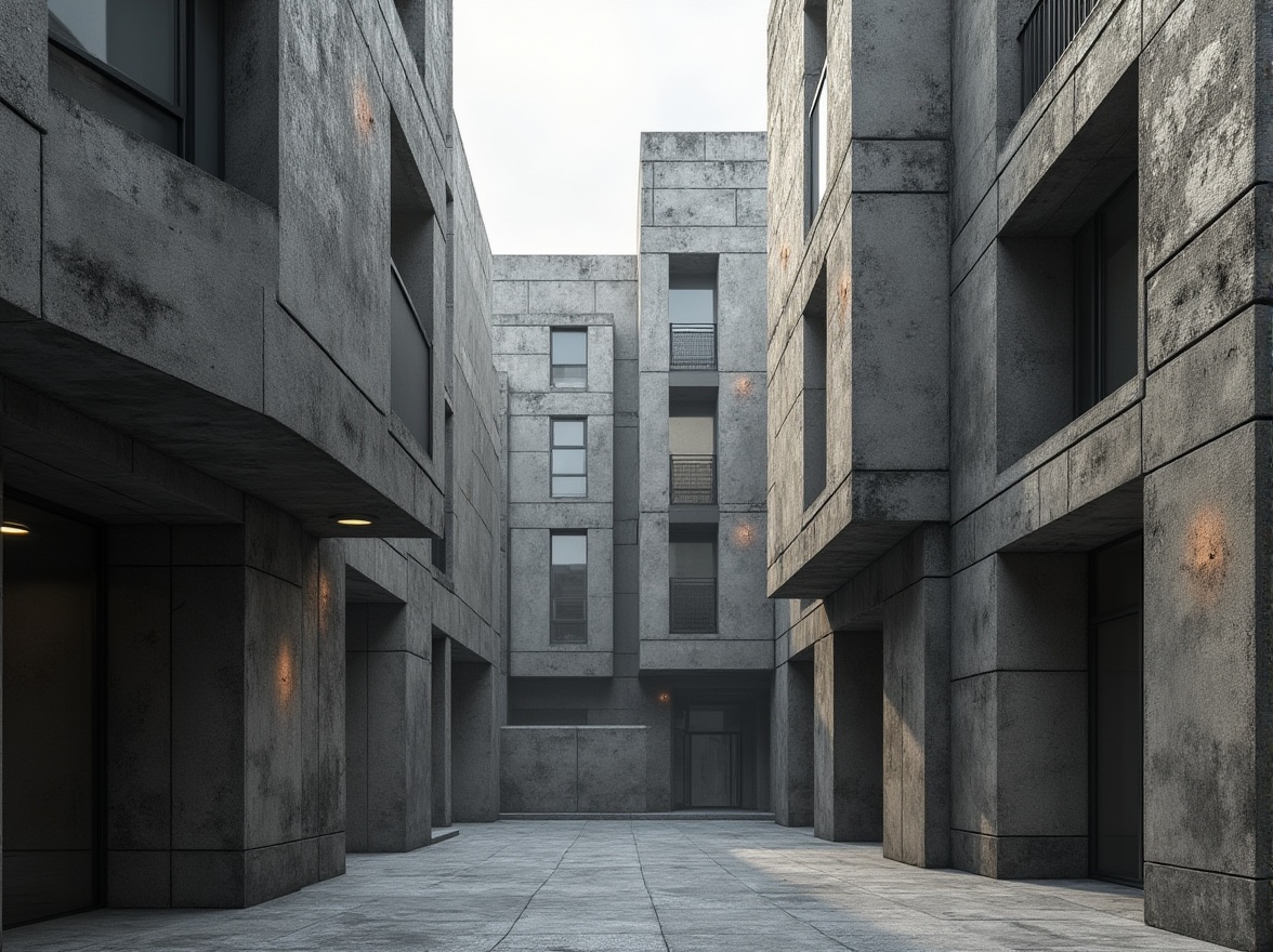 Prompt: Monochromatic brutalist buildings, rugged concrete textures, industrial-style metal accents, weathered stone walls, bold geometric forms, minimalist ornamentation, cold grey tones, earthy brown hues, stark white highlights, moody atmospheric lighting, dramatic shadows, high-contrast composition, cinematic framing, gritty realistic rendering, subtle texture noise, ambient occlusion.