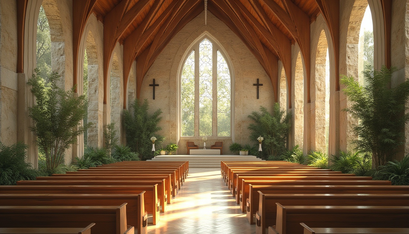 Prompt: Eco-friendly church design, natural stone fa\u00e7ade, reclaimed wood accents, solar panels, green roofs, rainwater harvesting systems, bamboo flooring, low-VOC paints, energy-efficient stained glass windows, minimalist interior decor, sacred symbols, soft warm lighting, shallow depth of field, 1/1 composition, realistic textures, ambient occlusion.