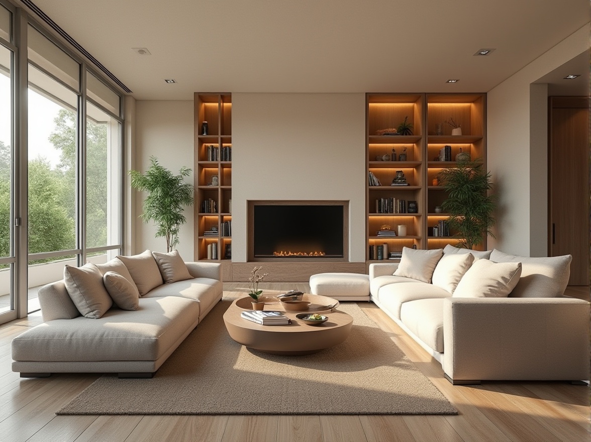 Prompt: Cozy living room, plush sofas, modern minimalist coffee table, soft warm lighting, natural wood flooring, cream-colored walls, floor-to-ceiling windows, sliding glass doors, lush greenery, ambient occlusion, 3/4 composition, realistic textures, comfortable reading nook, built-in bookshelves, elegant decorative fireplace, sleek TV stand, sound-absorbing acoustic panels, calming color palette, ergonomic furniture arrangement.