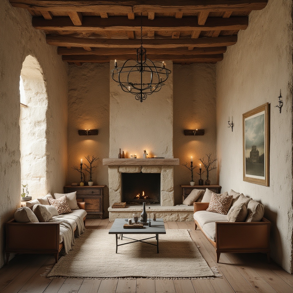 Prompt: Weathered stone walls, rustic wooden accents, soft warm beige tones, muted earthy colors, subtle sepia undertones, vintage distressed textures, worn leather furniture, antique metal fixtures, natural linen fabrics, earthy scents, warm candlelight, shallow depth of field, 1/1 composition, realistic renderings, ambient occlusion.