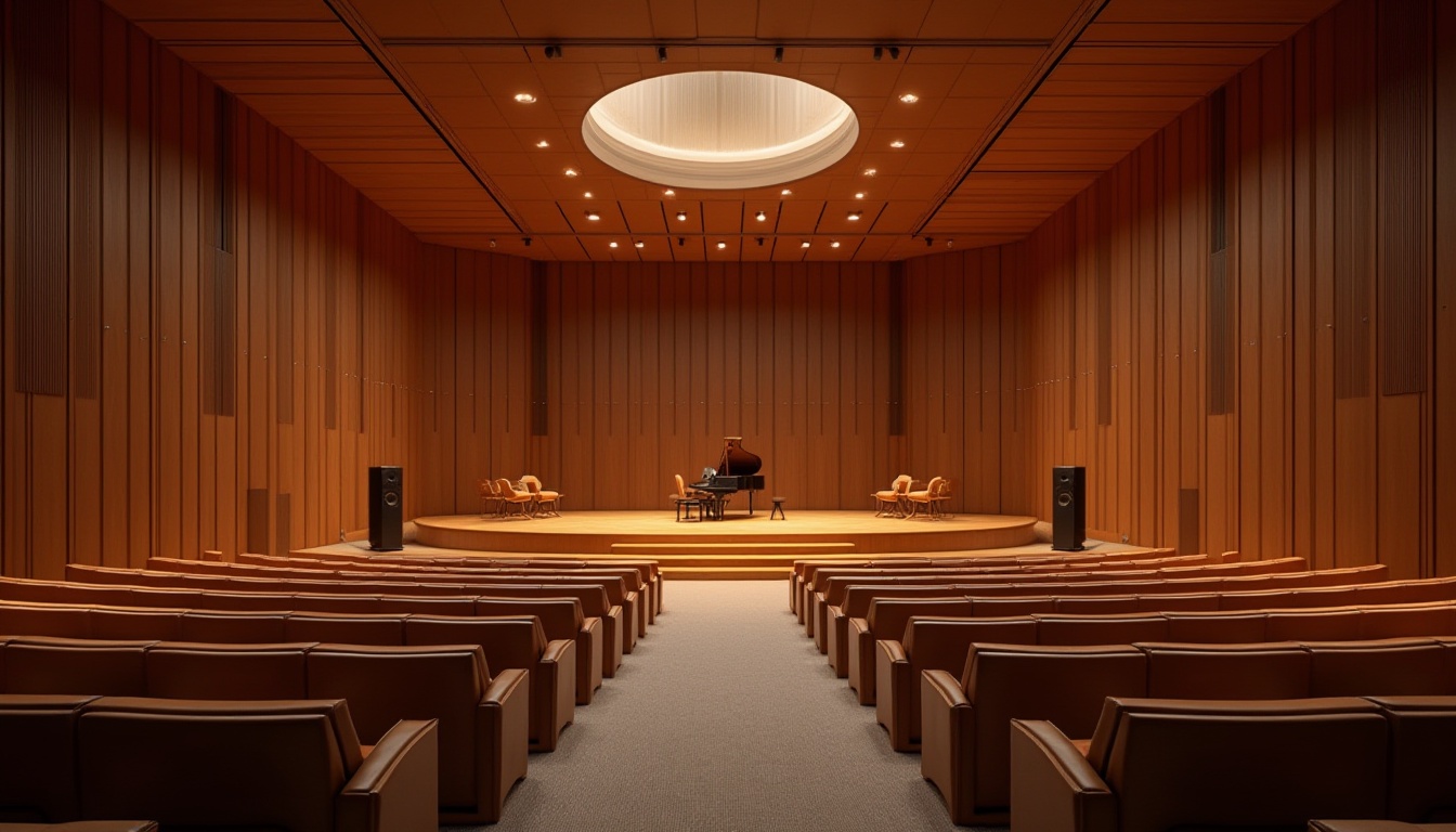 Prompt: Intimate concert hall, wooden acoustic panels, sound-absorbing materials, minimal echo, optimal reverberation time, professional audio equipment, high-fidelity speakers, detailed soundproofing, comfortable seating, warm ambient lighting, subtle color scheme, modern architecture, curved lines, sophisticated design elements, precise speaker placement, 1/1 composition, shallow depth of field, soft warm lighting.