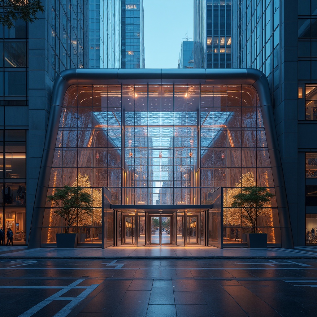 Prompt: Grand entrance, sleek glass facade, modern minimalist architecture, polished metal frames, large LED displays, dynamic lighting effects, subtle color changing patterns, futuristic vibes, urban cityscape, busy streets, evening ambiance, soft warm glow, shallow depth of field, 3/4 composition, realistic reflections, ambient occlusion.