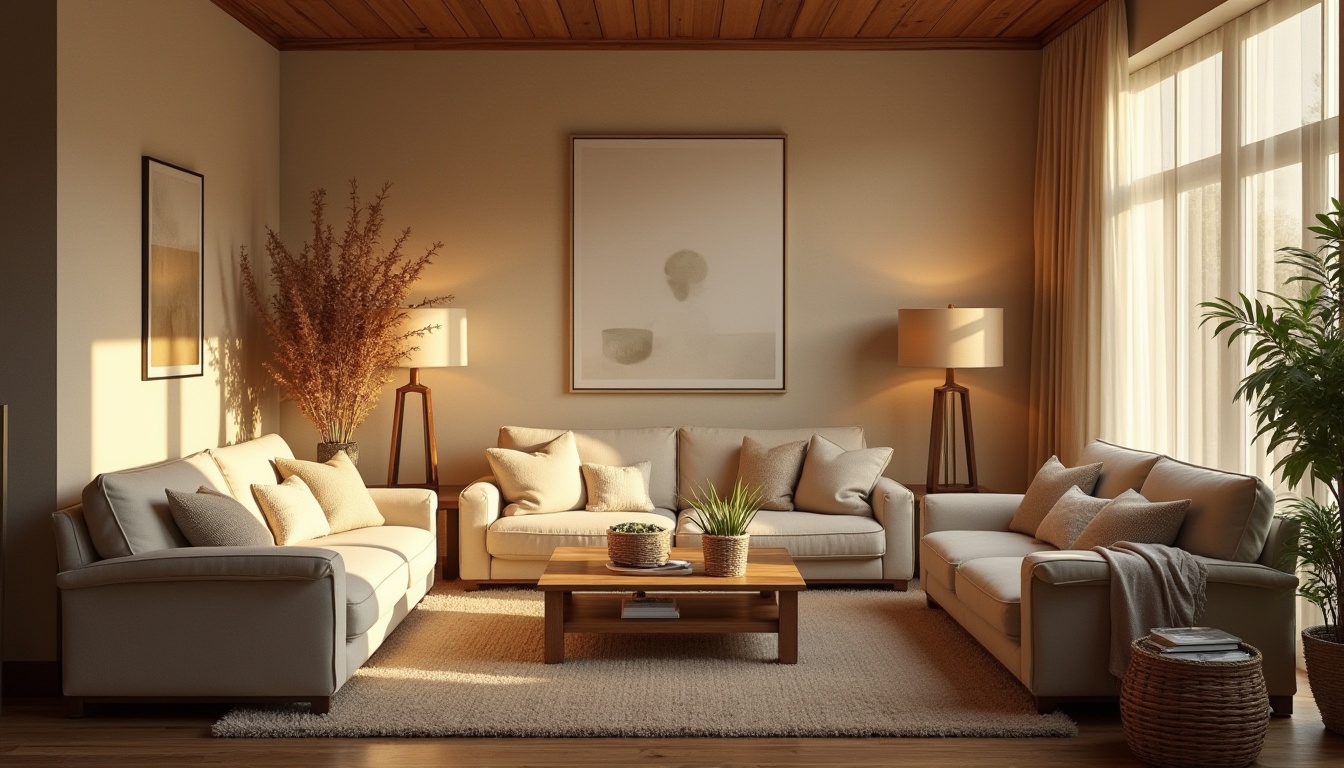 Prompt: Cozy living room, plush sofas, velvety armchairs, wooden coffee tables, woven baskets, soft cushions, elegant lamps, warm beige walls, rich brown flooring, intimate atmosphere, relaxed seating, harmonious layout, symmetrical composition, natural light pouring in, subtle shadows, 1/2 depth of field, realistic textures, ambient occlusion.